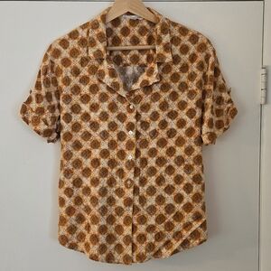 Jane + Delancey Boxy Orange And Brown Short Sleeve Button Up Size M
